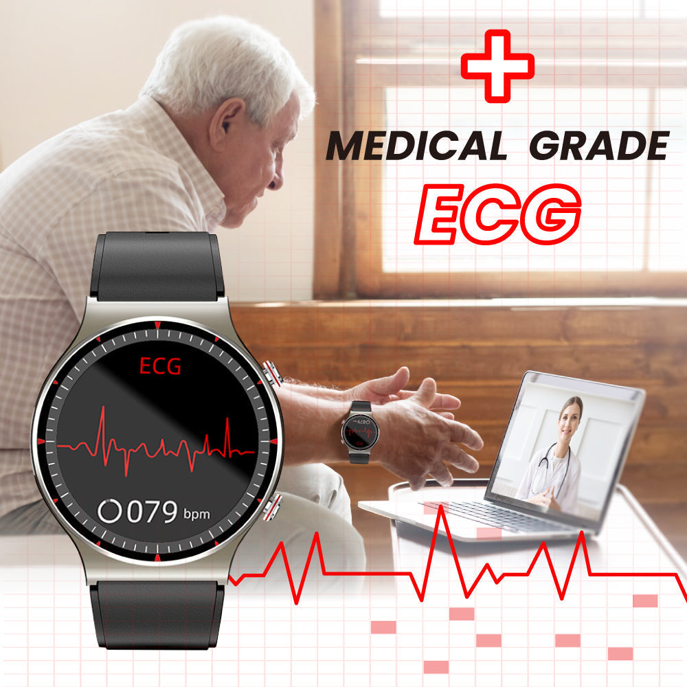 Stilig smartklokke med EKG og helseovervåking, sølvfarget urkasse, sort rem, viser tid og hjertefrekvens.