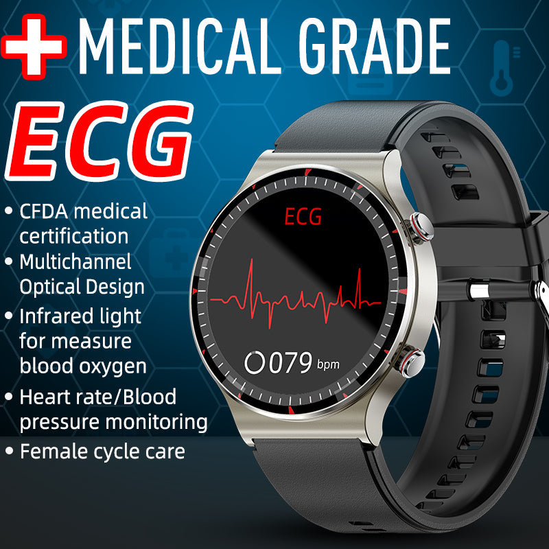 Stilig smartklokke med EKG og helseovervåking, sølvfarget urkasse, sort rem, viser tid og hjertefrekvens.