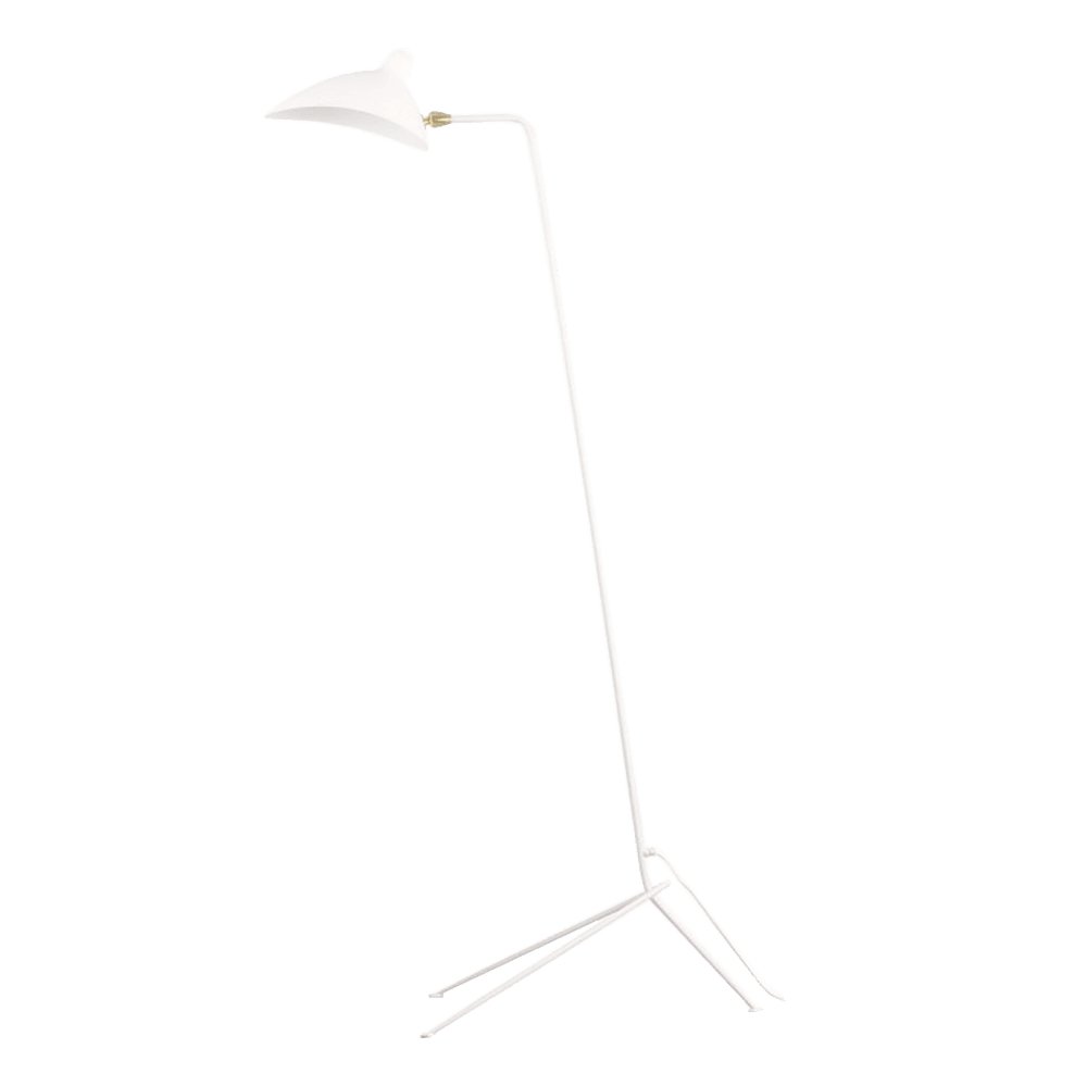 "Stilren svart gulvlampe med skulpturelle linjer og tre justerbare armer, ideell for moderne interiørdesign."