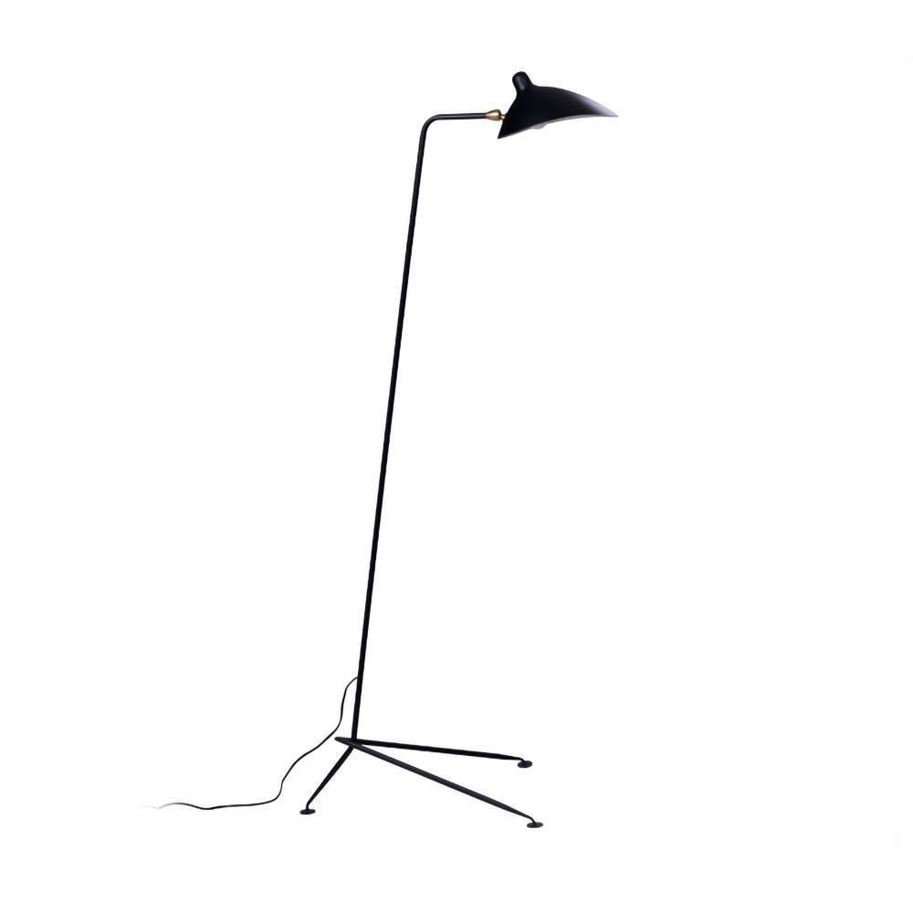 "Stilren svart gulvlampe med skulpturelle linjer og tre justerbare armer, ideell for moderne interiørdesign."