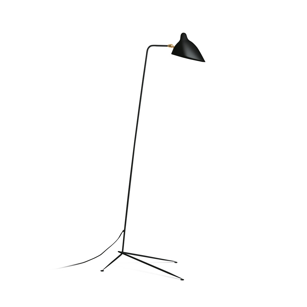 "Stilren svart gulvlampe med skulpturelle linjer og tre justerbare armer, ideell for moderne interiørdesign."