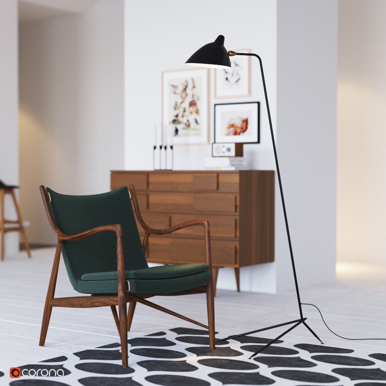 "Stilren svart gulvlampe med skulpturelle linjer og tre justerbare armer, ideell for moderne interiørdesign."