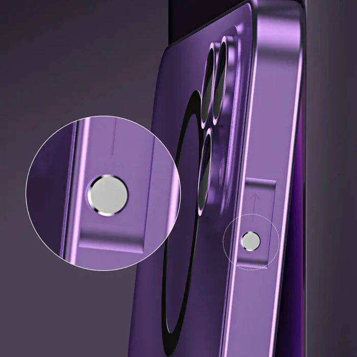 iPhone deksel foran og bak i metall, viser sømløs integrering og magnetisk lukking