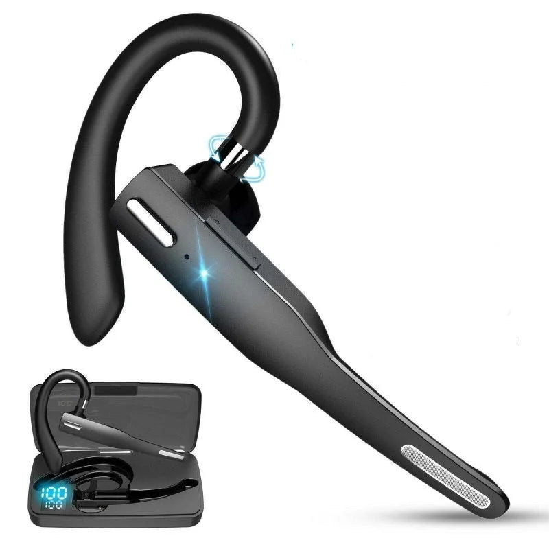 "Stilrent svart Bluetooth 5.1 headset med støydemping, justerbare øreklips og ergonomisk design for krystallklar lyd."