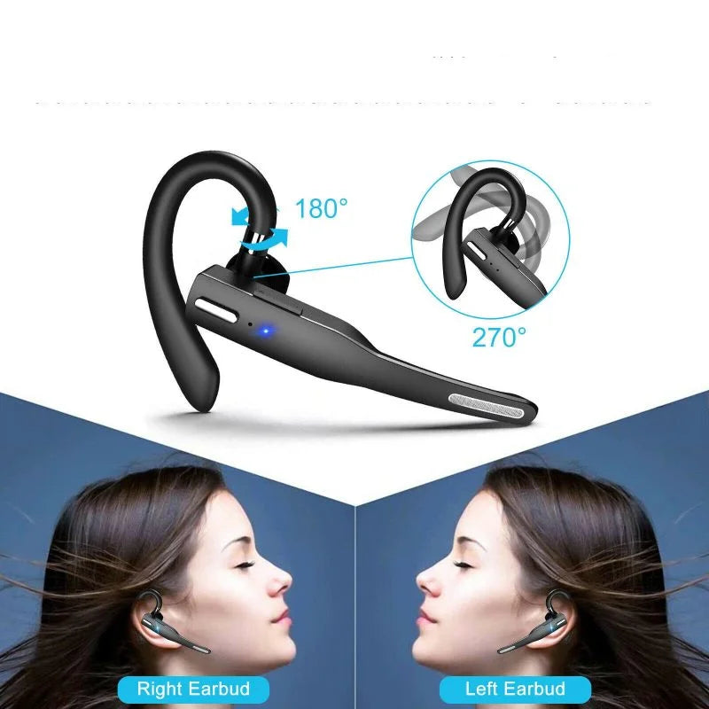 "Stilrent svart Bluetooth 5.1 headset med støydemping, justerbare øreklips og ergonomisk design for krystallklar lyd."