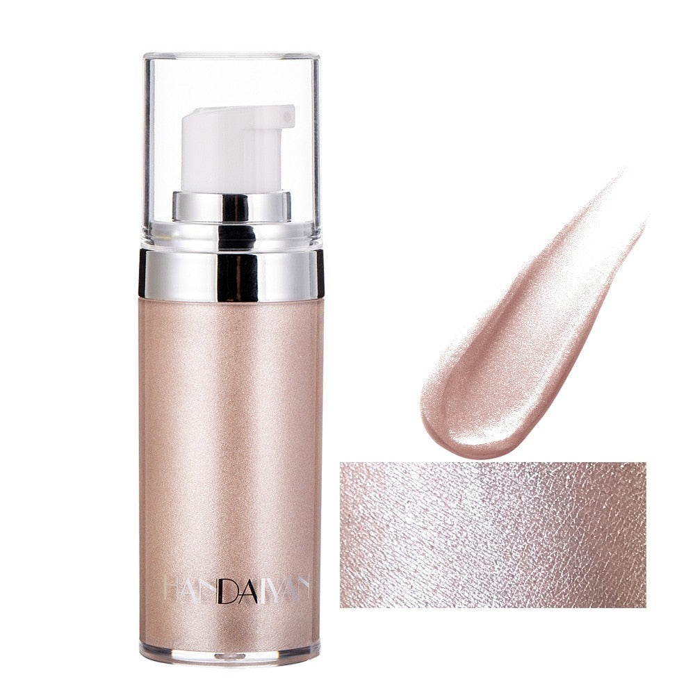 Stralende body luminizer med subtil champagnefarget glød på en kvinnes arm, nær hudpleieprodukter.