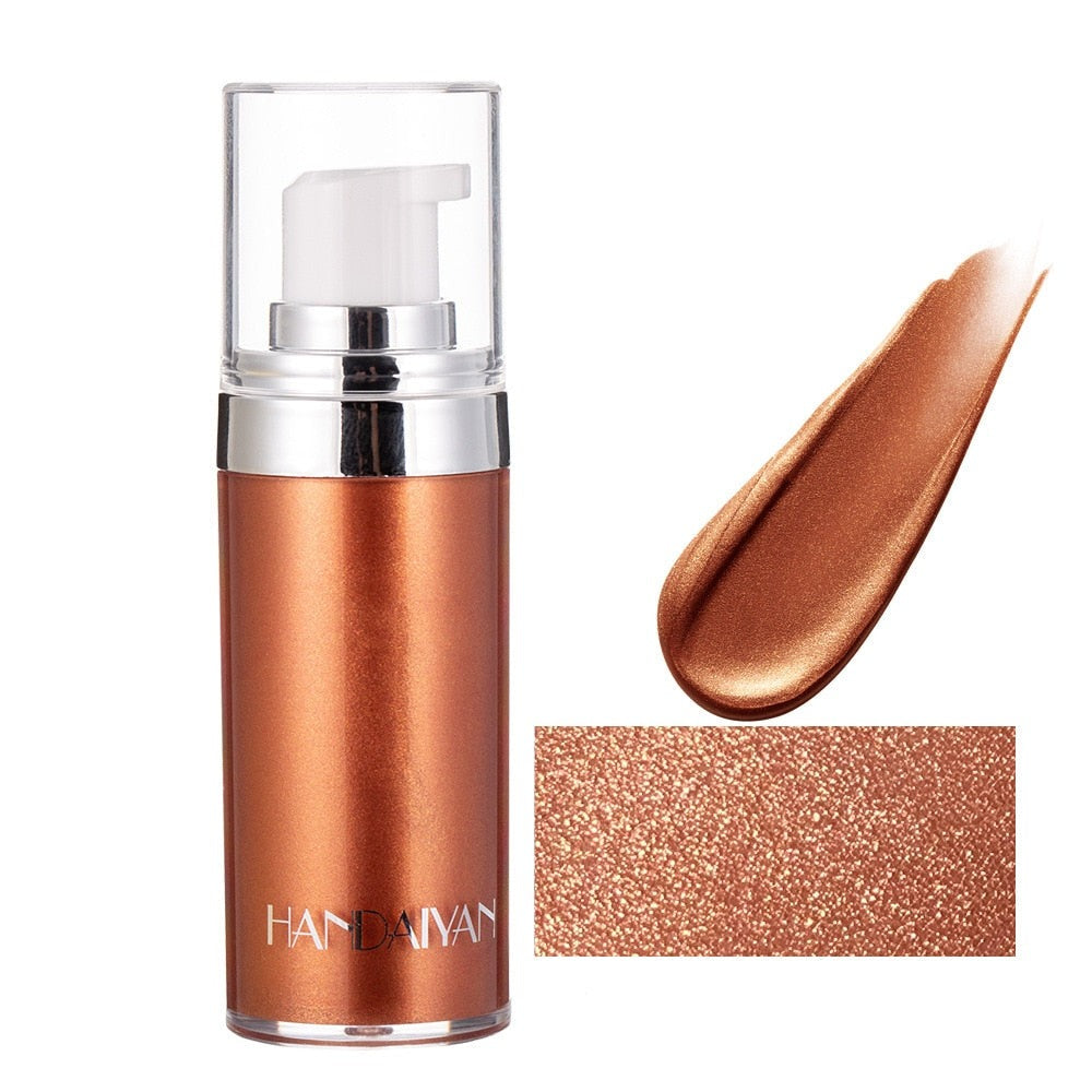 Stralende Body Luminizer påføres jevnt på en kvinnes bein, gir en myk og glansfull finish for kroppssminke.