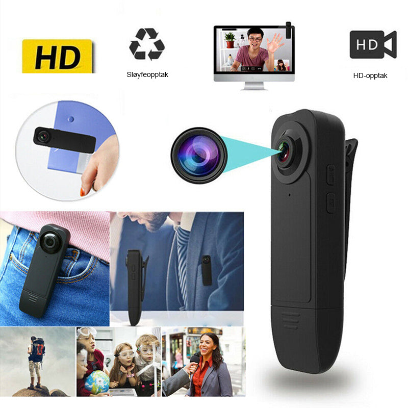 "Svart 1080P HD mini kroppskamera med vidvinkel, bærbar design, perfekt for sikkerhetsopptak og utendørs bruk."