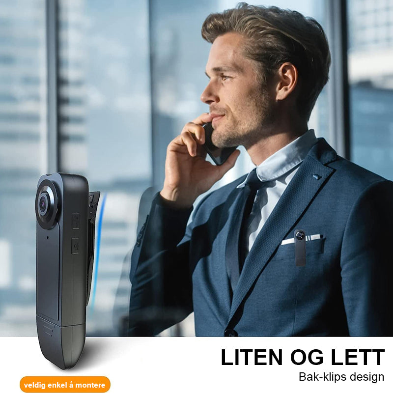 "Svart 1080P HD mini kroppskamera med vidvinkel, bærbar design, perfekt for sikkerhetsopptak og utendørs bruk."