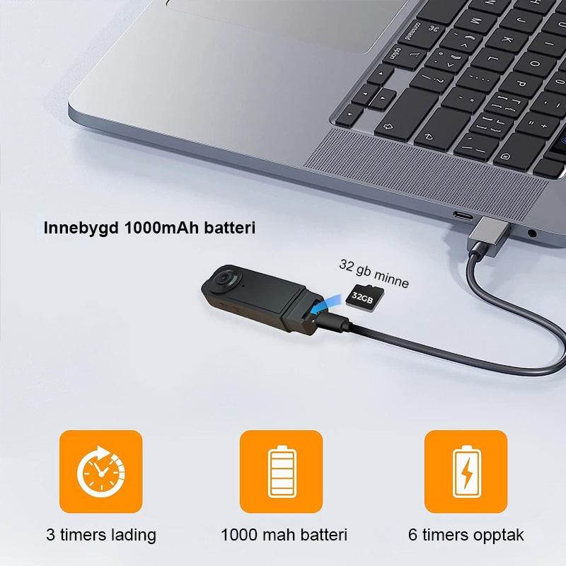 "Svart 1080P HD mini kroppskamera med vidvinkel, bærbar design, perfekt for sikkerhetsopptak og utendørs bruk."