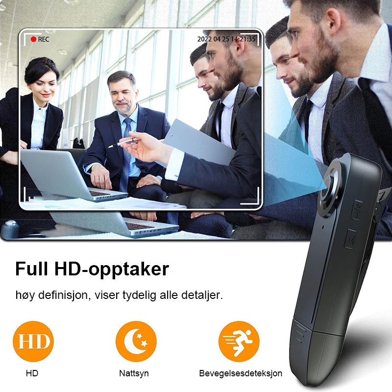"Svart 1080P HD mini kroppskamera med vidvinkel, bærbar design, perfekt for sikkerhetsopptak og utendørs bruk."