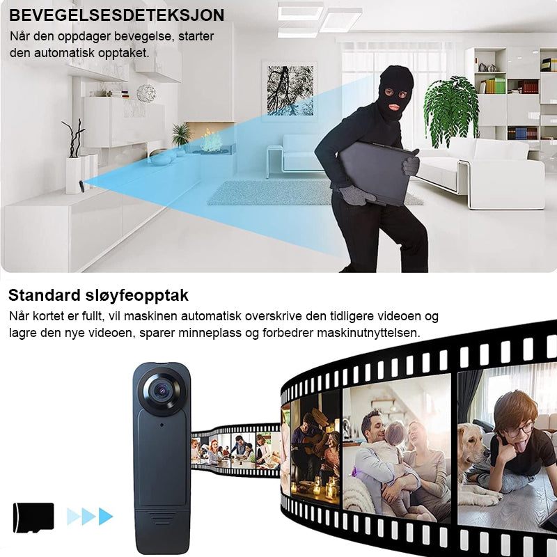 "Svart 1080P HD mini kroppskamera med vidvinkel, bærbar design, perfekt for sikkerhetsopptak og utendørs bruk."