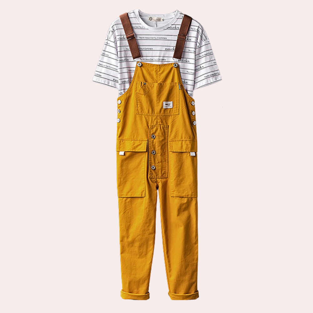 Svart cargo-overall med justerbare stropper og flere lommer, perfekt for menn som søker komfort og funksjonalitet.