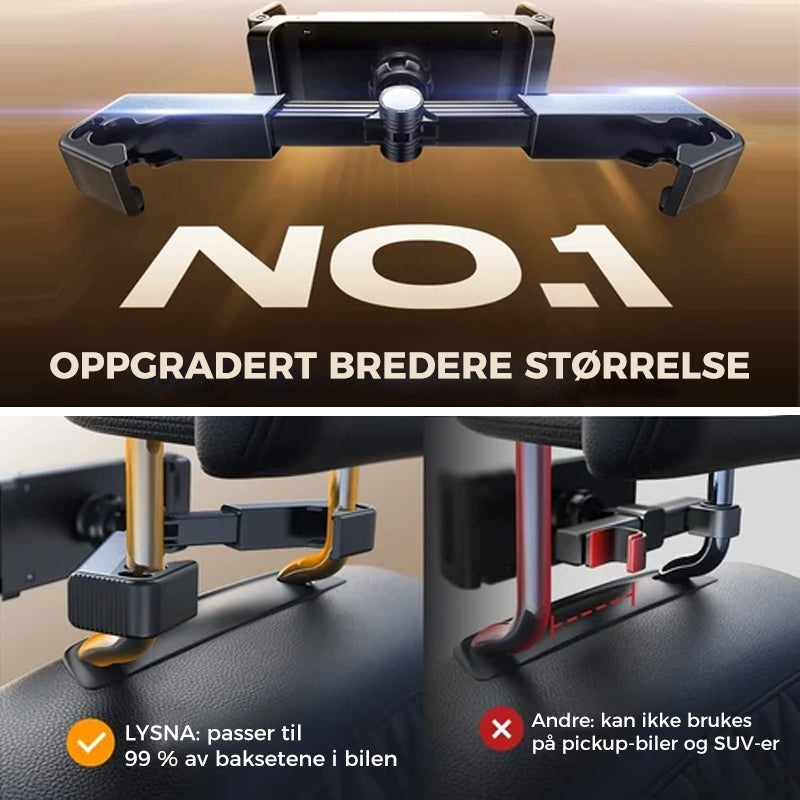 "Svart justerbar nakkestøtte nettbrettfeste med 360 graders rotasjon for enheter 4,7-12,9 tommer, enkel montering"
