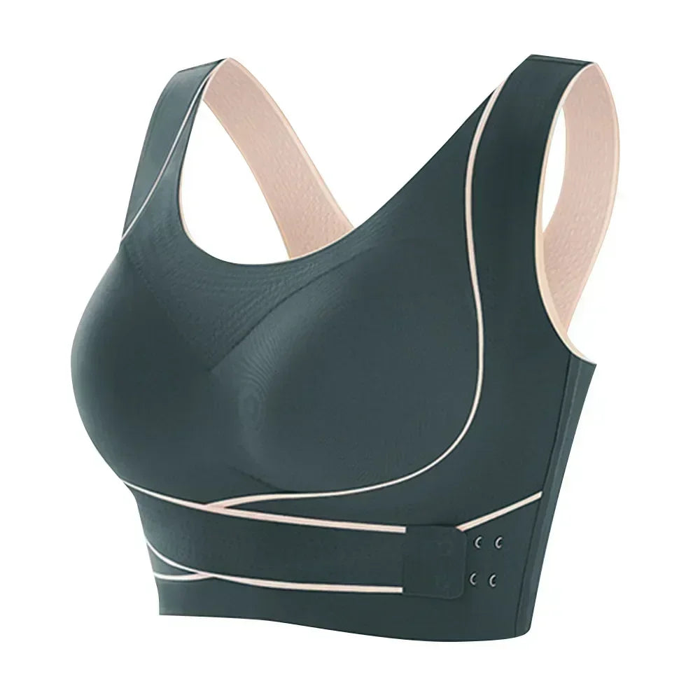 Ergonomisk justerbar sports-BH for kvinner, med frontlukking. Optimal støtte og komfort under intens trening.