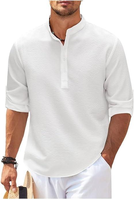 Beige herre Henley skjorte med rulleoppslag. Langermet, avslappet stil for hverdagsbruk, pustende stoff.