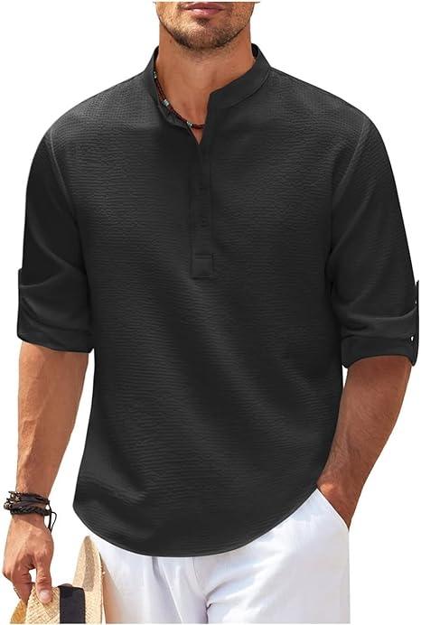 Avslappet langermet Henley skjorte med rulleoppslag for menn. Pustende stoff, perfekt som sommer skjorte.