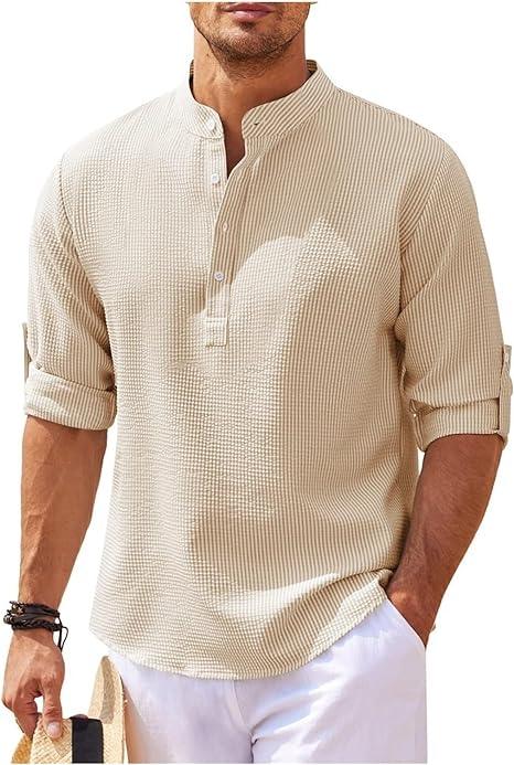Grå langermet Henley skjorte for menn, med rulleoppslag for justerbar stil. Ideell som casual vårklær.