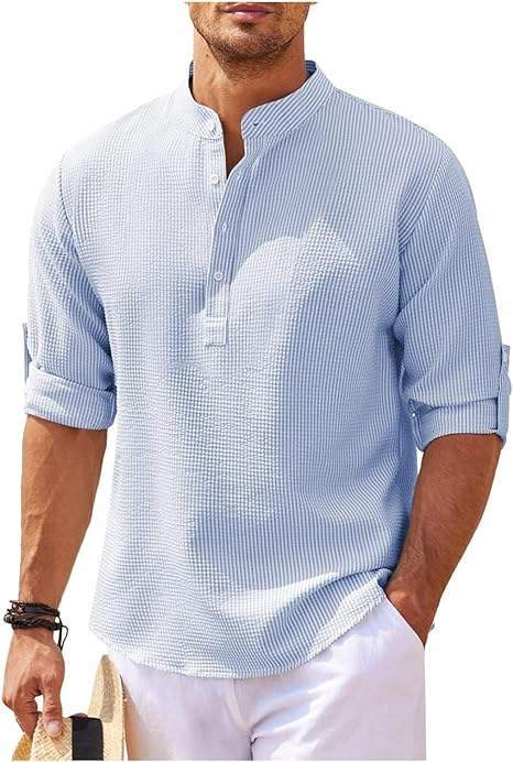 Hvit herre Henley skjorte med lange ermer og rulleoppslag. Pustende og komfortabel for sommeren.