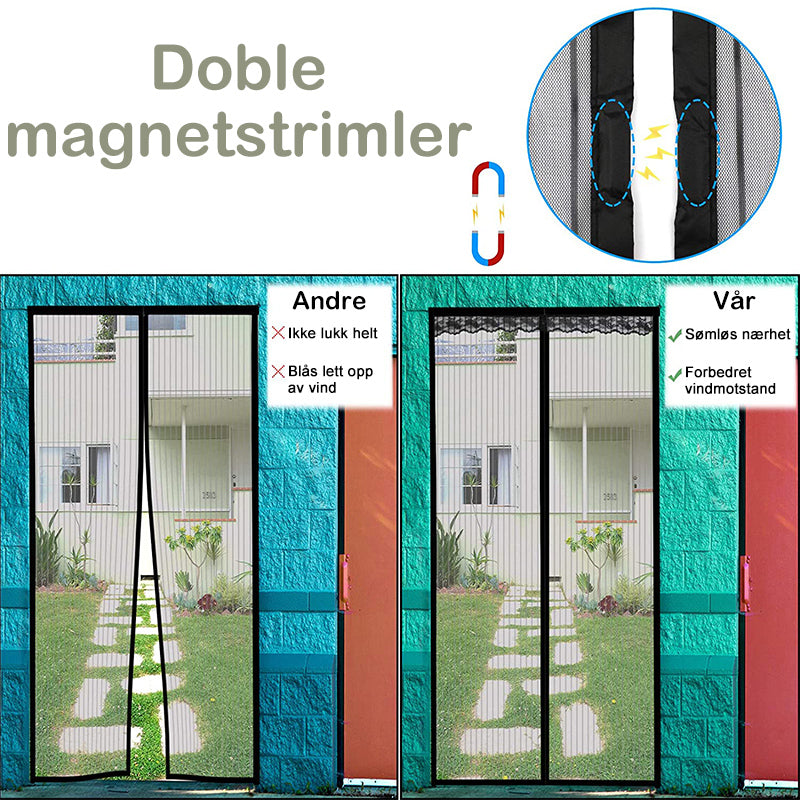 "Svart magnetisk skjermdør i premium mesh, enkel installasjon med borrelås, gir effektiv insektbeskyttelse og lufting."