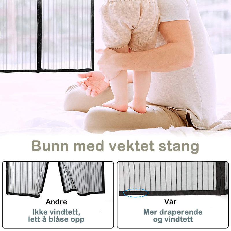 "Svart magnetisk skjermdør i premium mesh, enkel installasjon med borrelås, gir effektiv insektbeskyttelse og lufting."