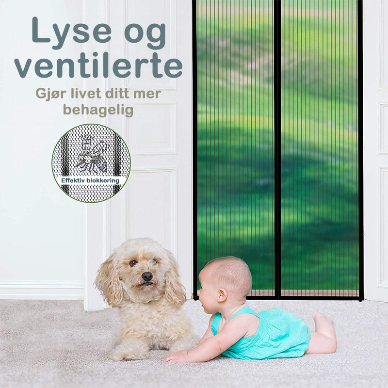 "Svart magnetisk skjermdør i premium mesh, enkel installasjon med borrelås, gir effektiv insektbeskyttelse og lufting."