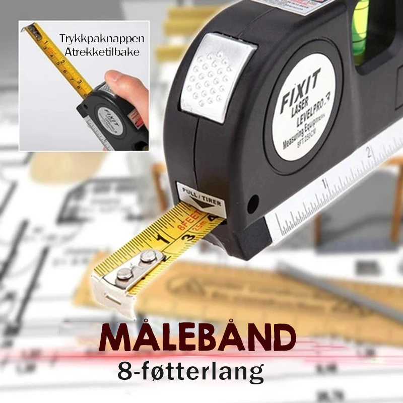 Svart multifunksjonslasernivå for presisjonsmåling. Innebygd målebånd og boblelys. Kompakt og lett å transportere.