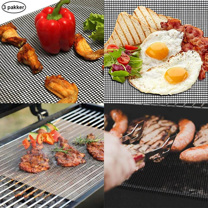 "Svart premium grillmatte 40x33cm, varmebestandig og lett å rengjøre, beskytter mot mat som faller gjennom grillen."