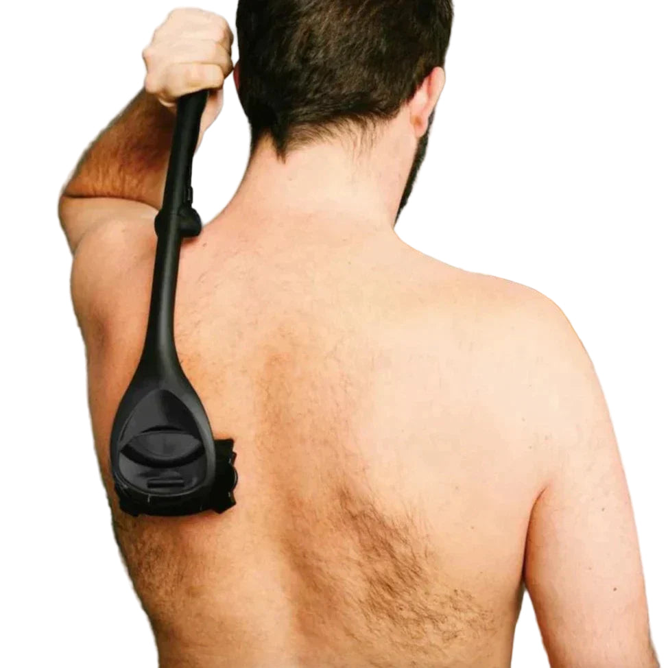Svart ryggskjær med langt håndtak og doble kniver for effektiv hårfjerning og glatt hud.