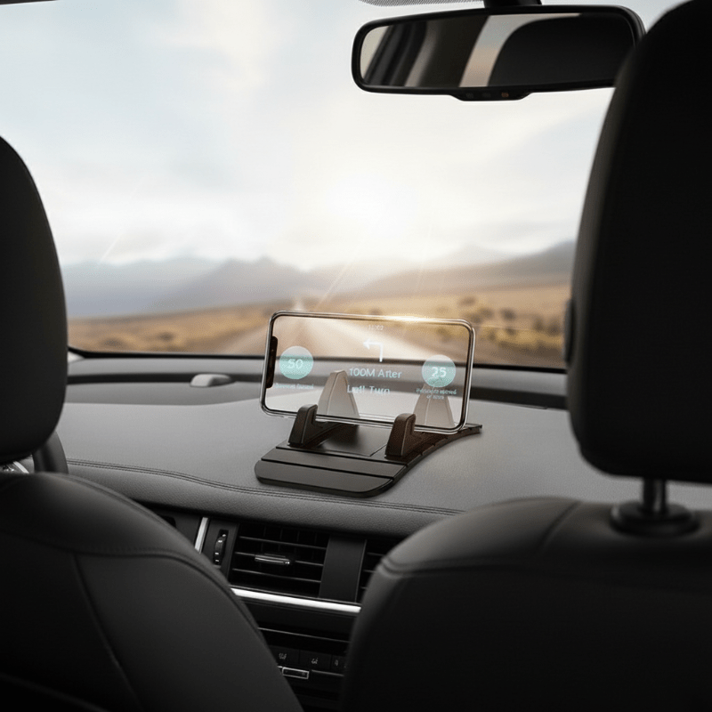Handsfree biltelefonholder i silikon med en smarttelefon, perfekt som dashbordholder for GPS-navigasjon i bil.