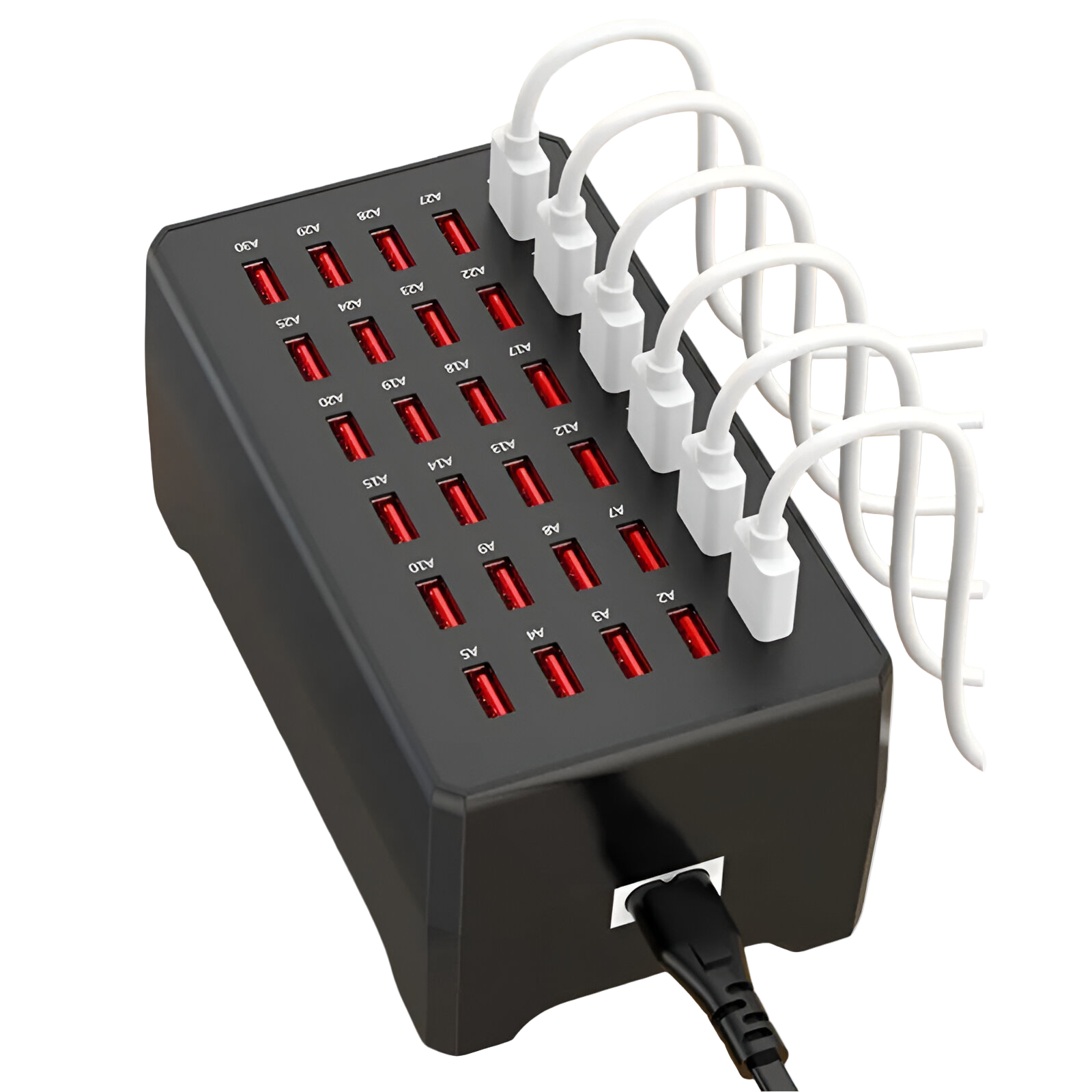 Svart USB-ladestasjon med 30 porter for smartlading av flere enheter, 150W, perfekt for kontorutstyr.