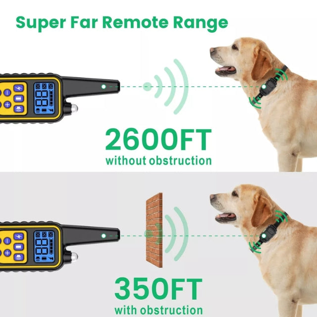 "Svart vanntett elektrisk hundetreningskrage med fjernkontroll, optimal for lydighetstrening i regn og sol."