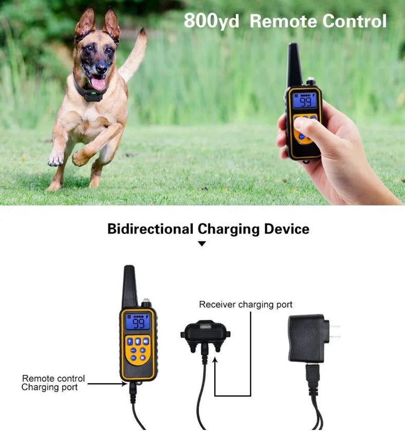 "Svart vanntett elektrisk hundetreningskrage med fjernkontroll, optimal for lydighetstrening i regn og sol."