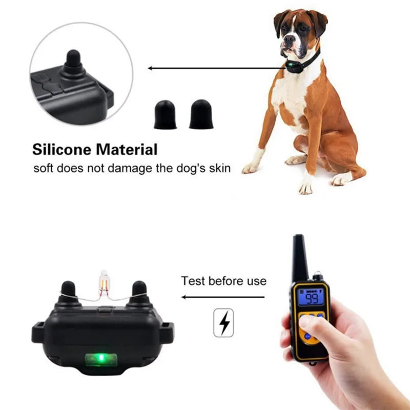 "Svart vanntett elektrisk hundetreningskrage med fjernkontroll, optimal for lydighetstrening i regn og sol."