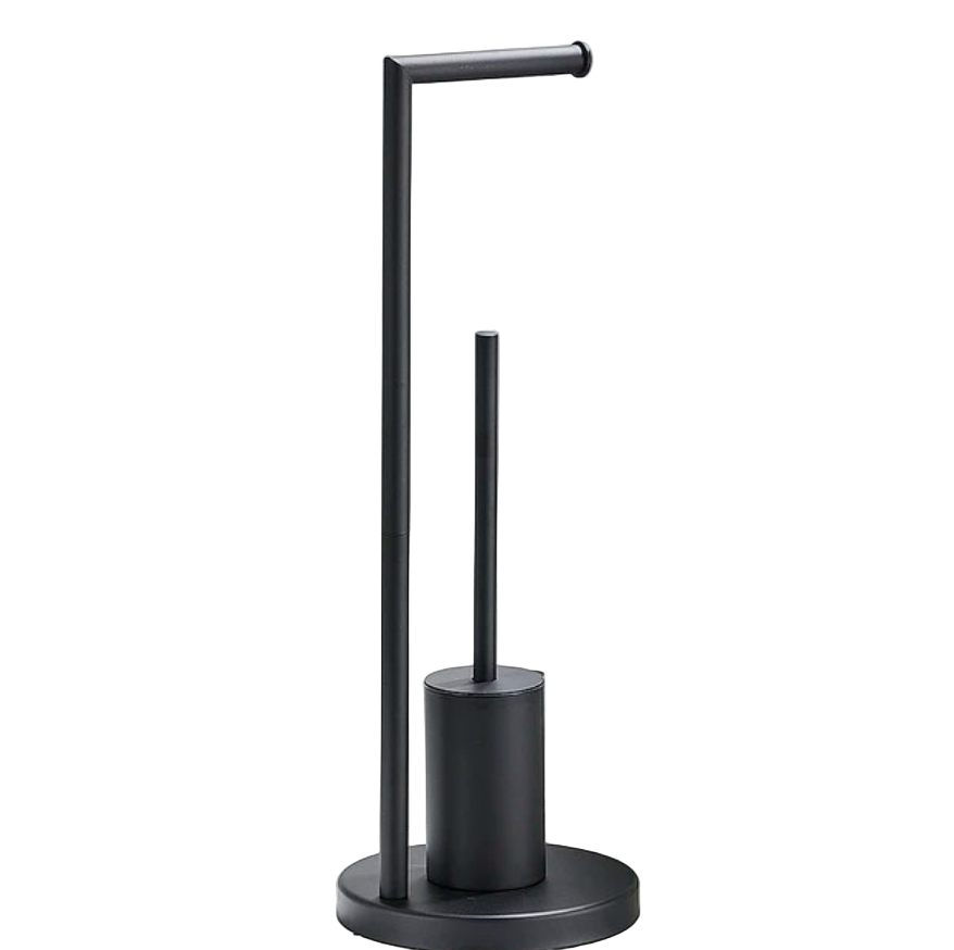 Svart veggmontert toalettrullholder med integrert toalettbørste for moderne bad. Elegant baderomsutstyr.