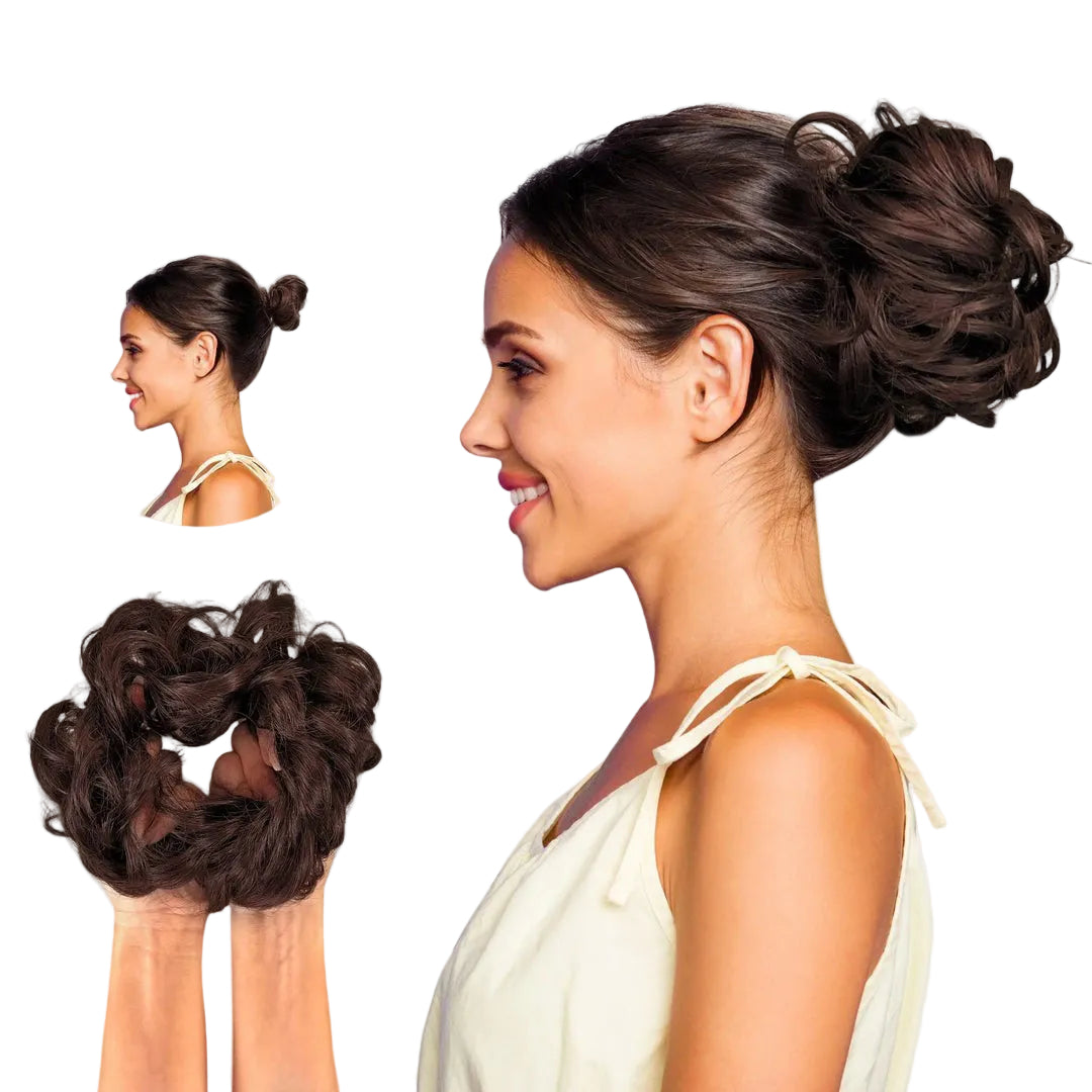 Syntetisk scrunchie for voluminøs hårbolle. Enkel styling, perfekt hårtilbehør.