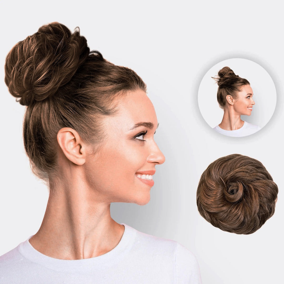 Scrunchie for fyldig hårbolle i syntetisk hår. Ideelt hårtilbehør for volum og frisyre.