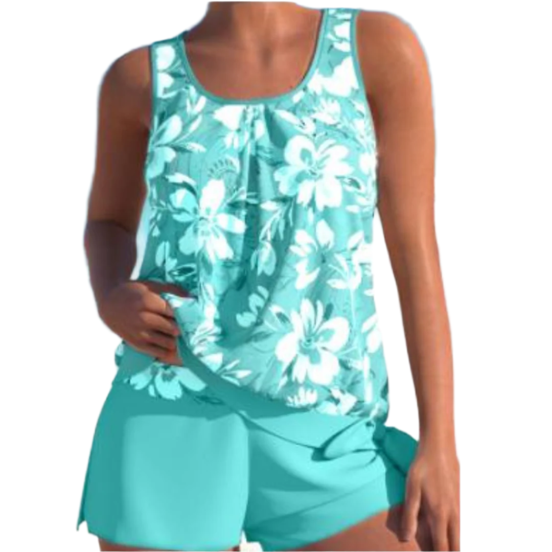 Tankini sett for damer med blomsterdesign. Ermeløst og pustende stoff for komfortabelt strand- og bassengbruk.