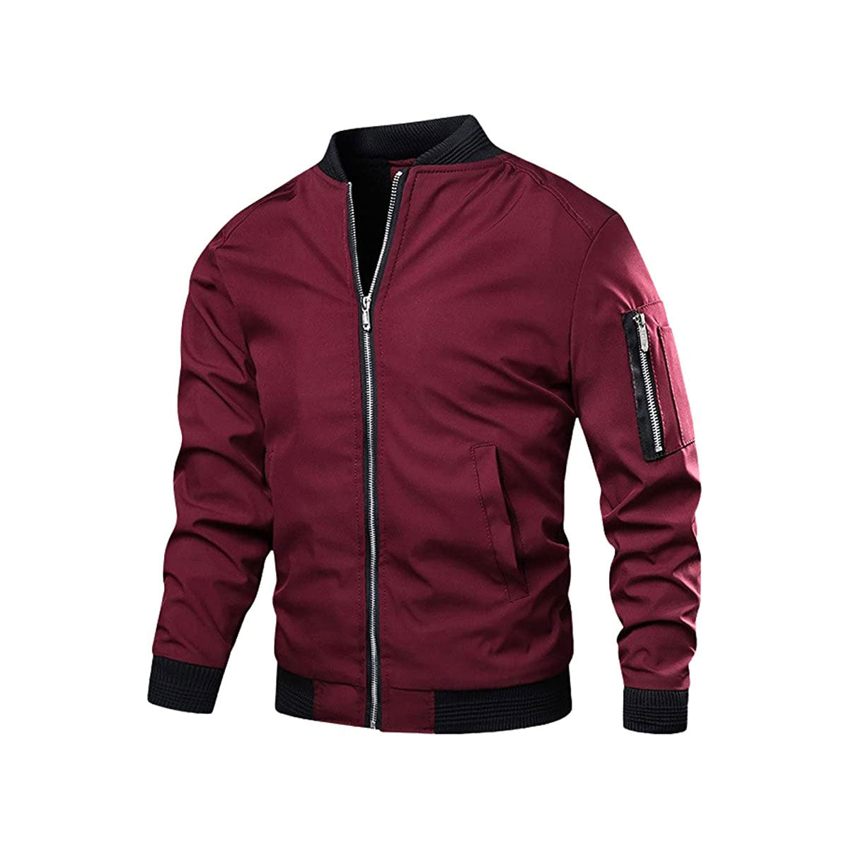Stilig svart polyester bomberjakke for menn, en komfortabel og moderne fritidsjakke.