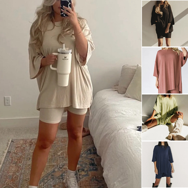 "Todelt loungewear sett for kvinner, lettvektsmateriale, moderne snitt, ideell for sommer, avslappet og stilig."
