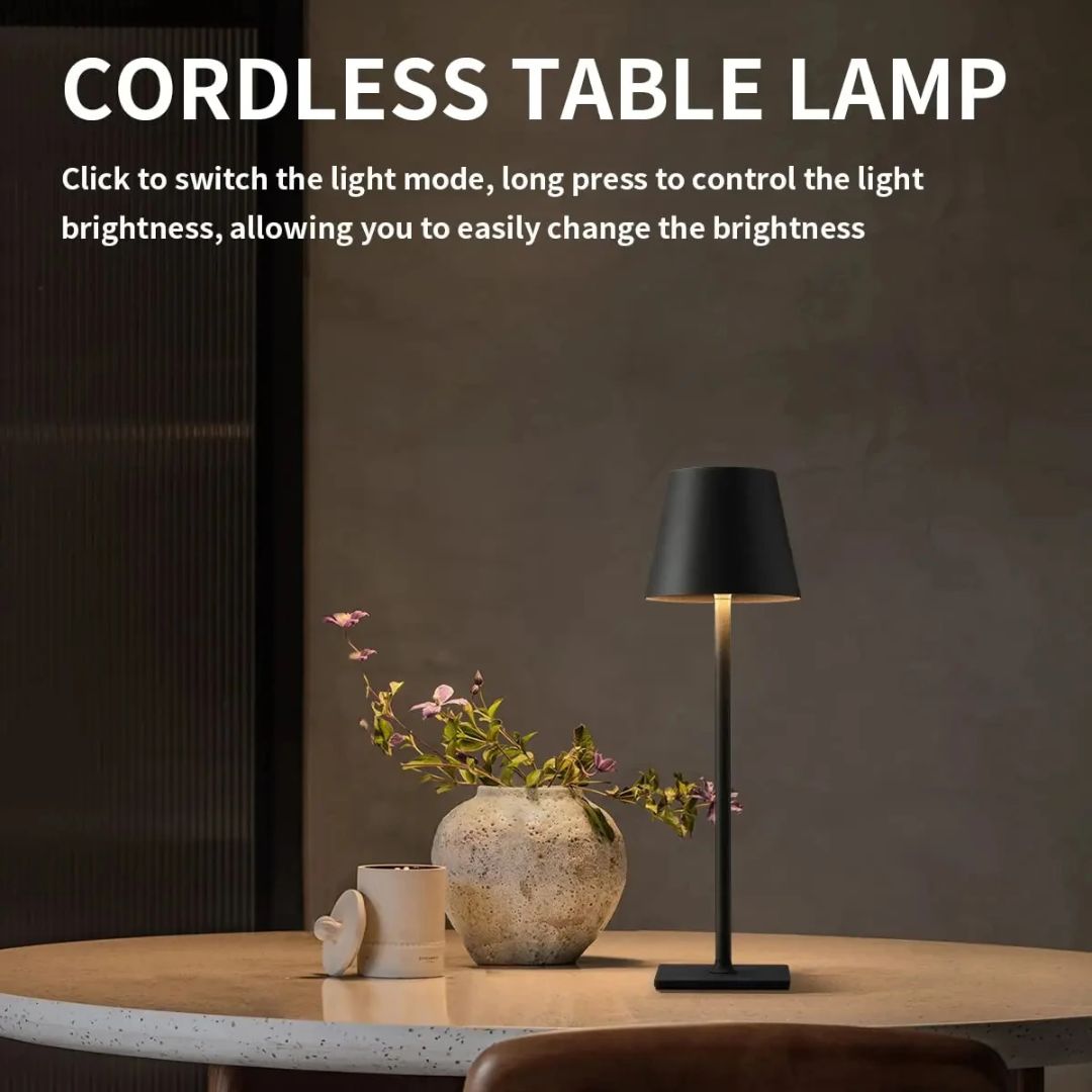 Stemningsfull oppladbar bordlampe med berøringskontroll og trådløs LED, ideell for koselig interiørbelysning.