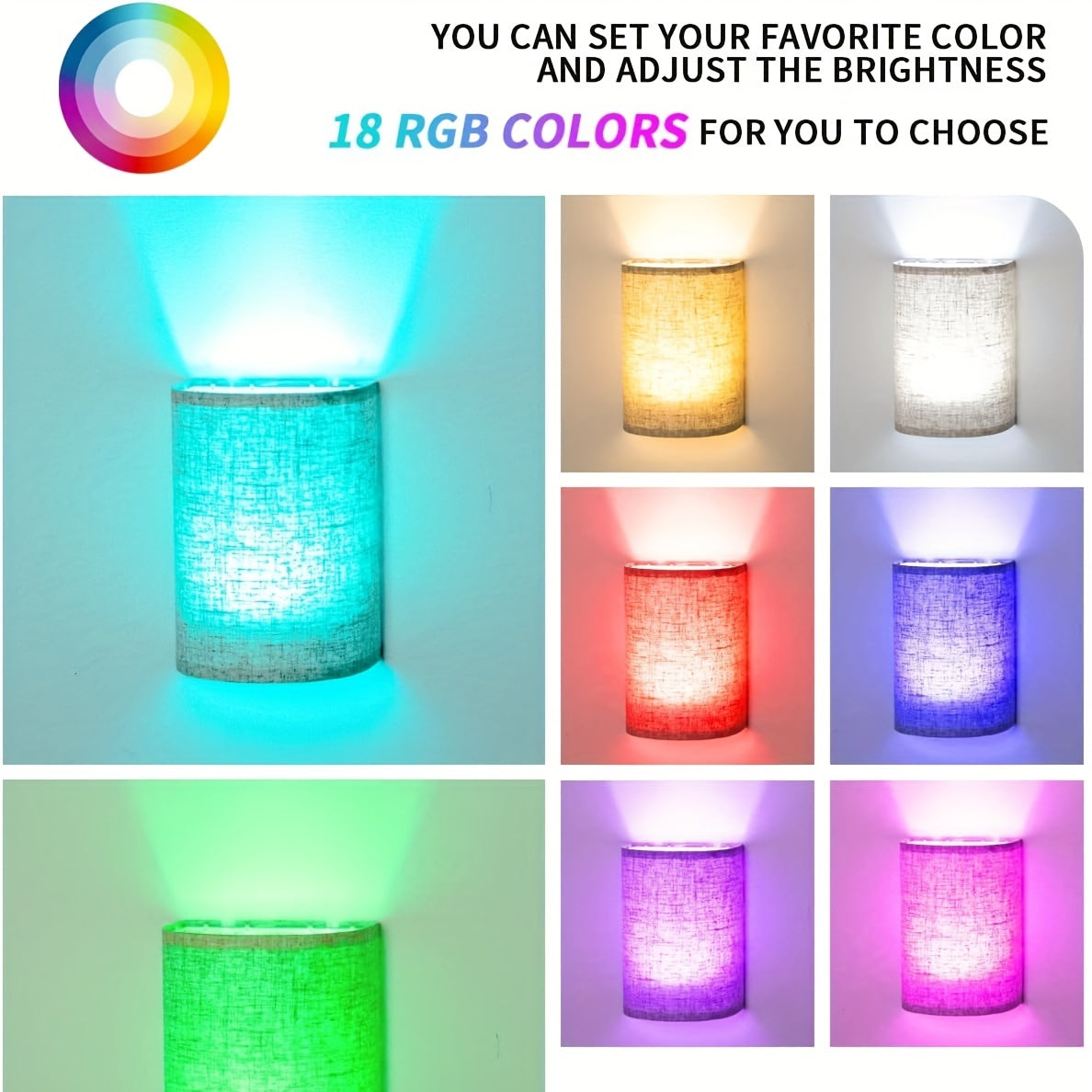 2-pk dimbare trådløse vegglamper med RGB belysning. Styr lyset med fjernkontroll for perfekt atmosfære.