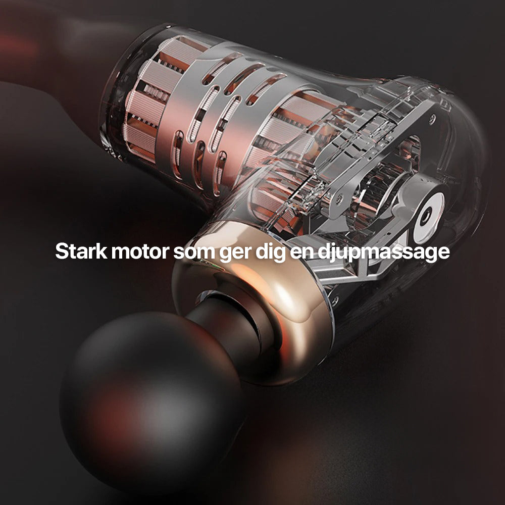 Ergonomisk trådløs massasjepistol vist med tilbehør for effektiv dypvevsmassasje og velvære.