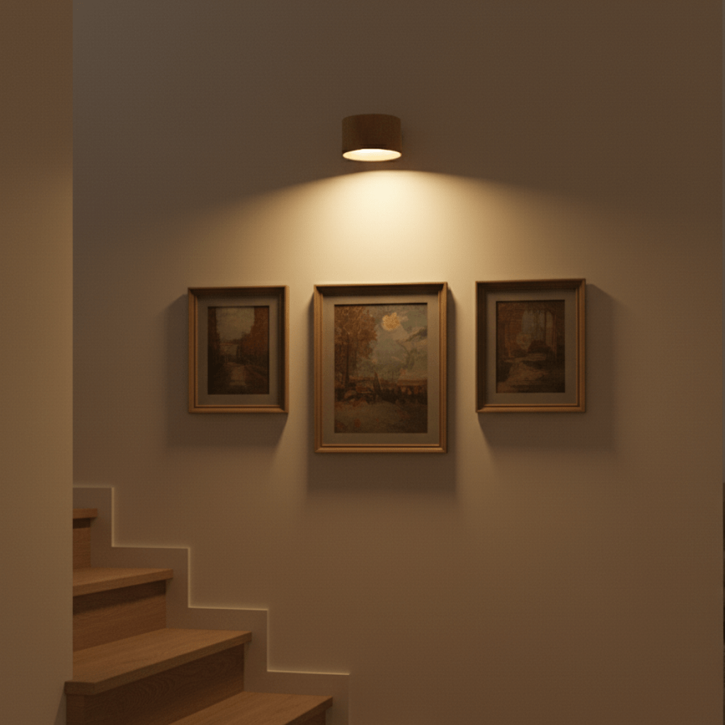 Elegant trådløs LED-vegglampe med praktisk fjernkontroll, ideell for stue og soverom.