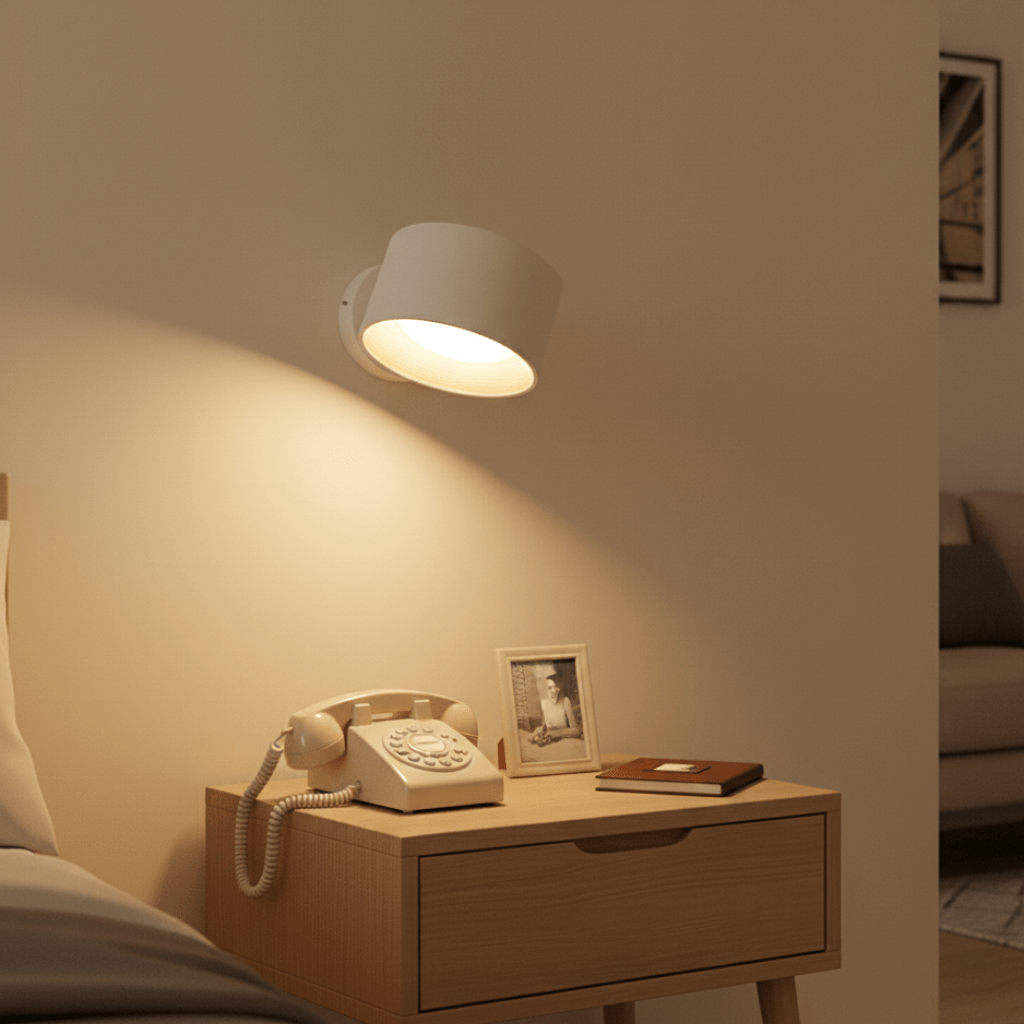 Minimalistisk nordisk vegglampe med trådløs LED-belysning, perfekt for stilrent interiør.
