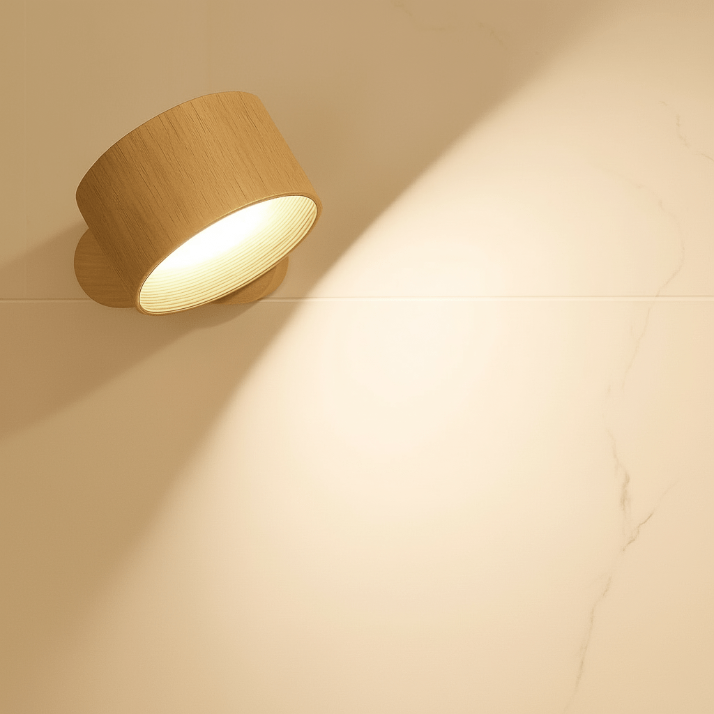 Nærbilde av trådløs vegglampe med LED-lys og fjernkontroll, viser minimalistisk nordisk stil.