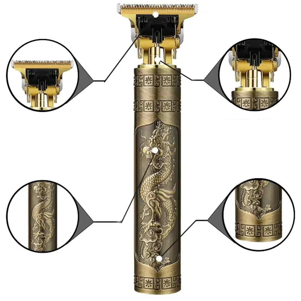 Trådløs vintage hårtrimmer for menn i gull, med retrodesign for presisjonsbarbering og grooming.