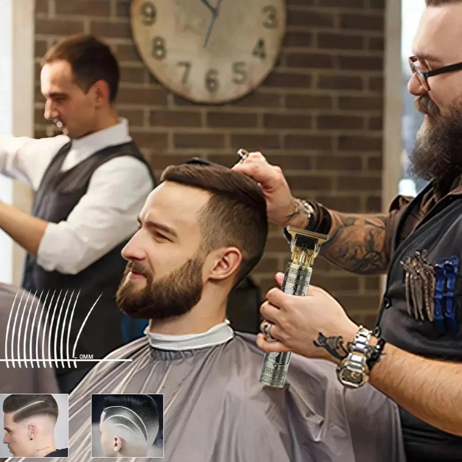 Herre som bruker en gullfarget trådløs vintage hårtrimmer for personlig pleie og barbering.