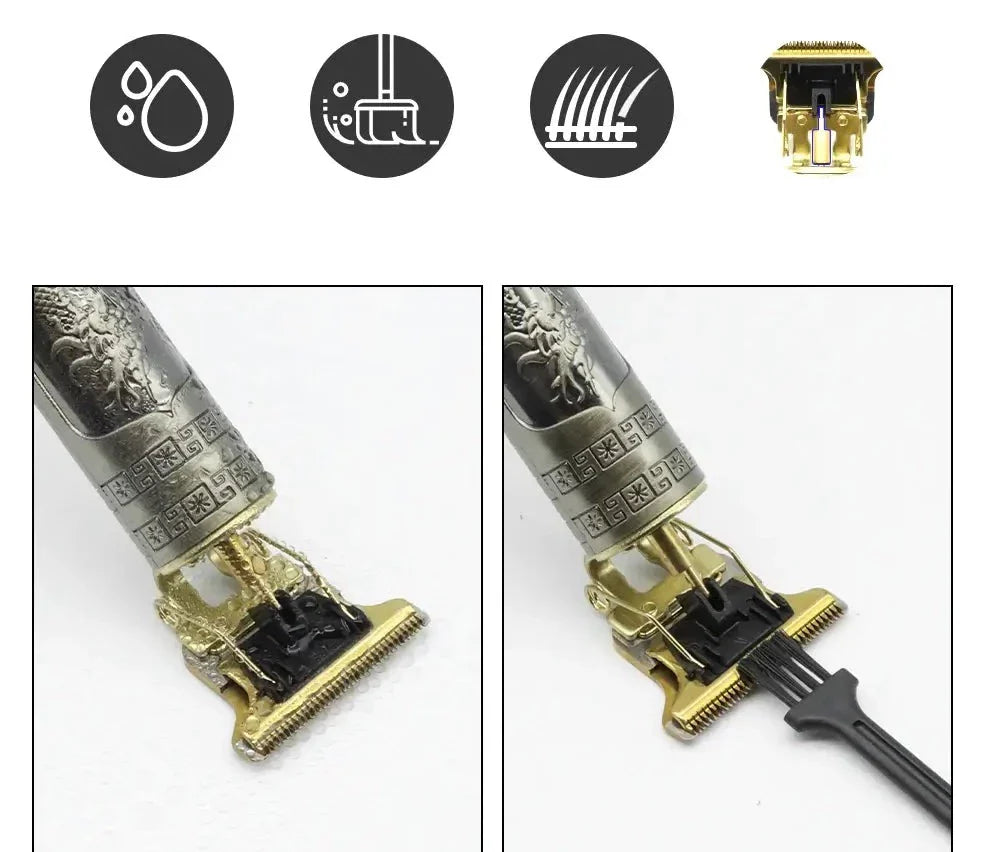 Oppladbar vintage hårtrimmer for menn i skinnende gull, fremhever dens trådløse funksjonalitet.