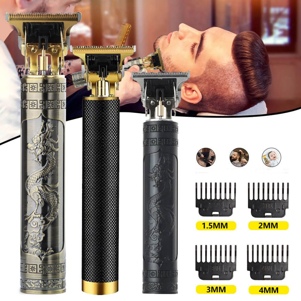 Set med retro trådløs hårtrimmer i gull, perfekt for menns barbering og personlig pleie.